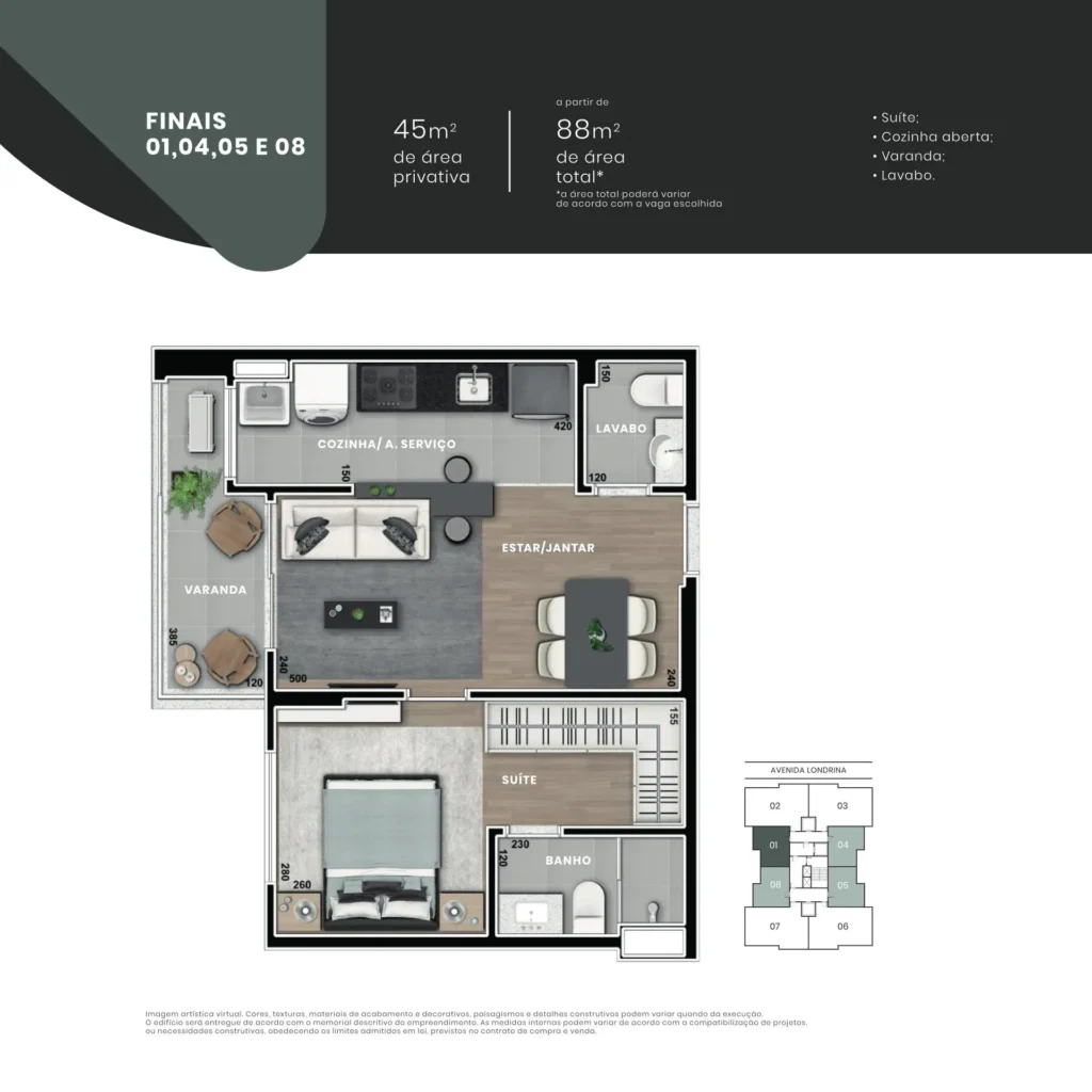 Blend, planta Finais 01, 04, 05 e 08, suíte com cozinha aberta