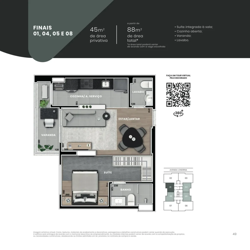 Blend, planta Finais 01, 04, 05 e 08, suíte integrada à sala