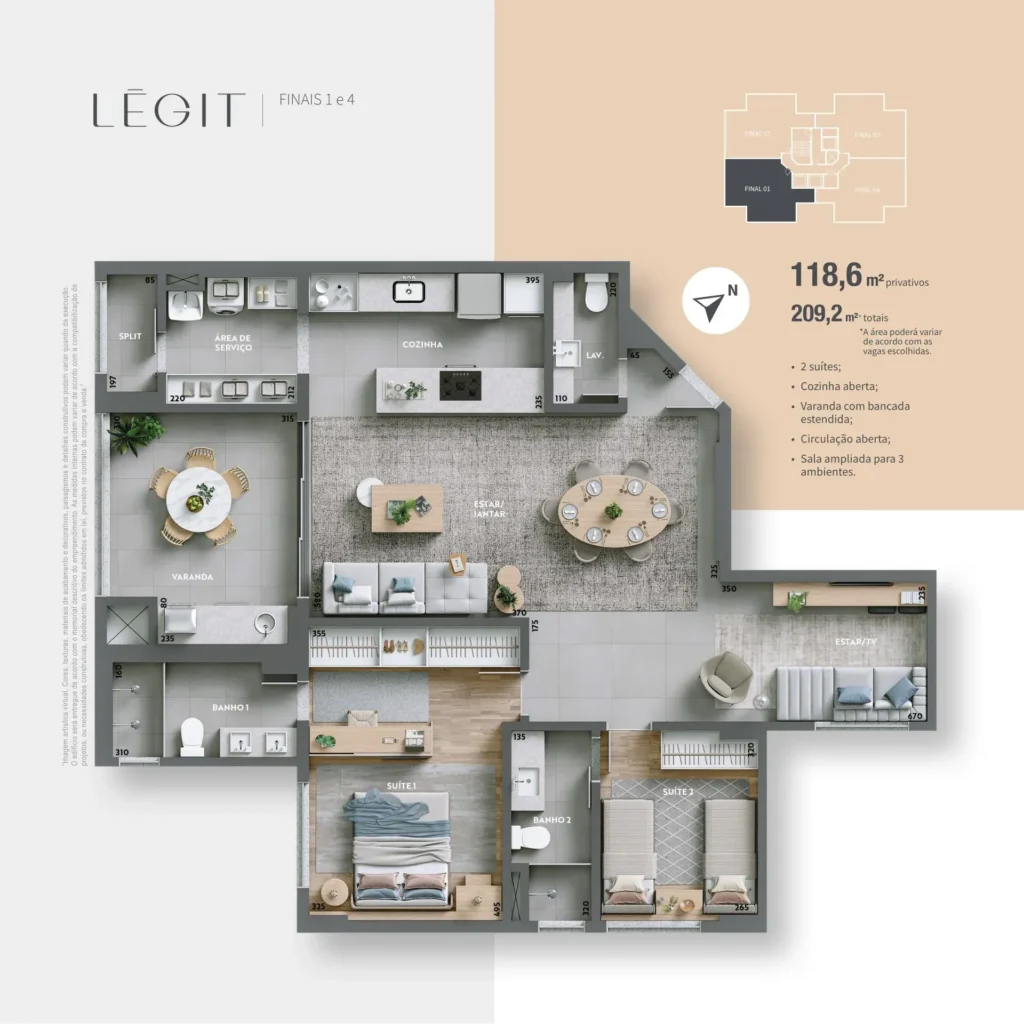 Légit, planta Finais 1 e 4, 2 suítes e sala ampliada
