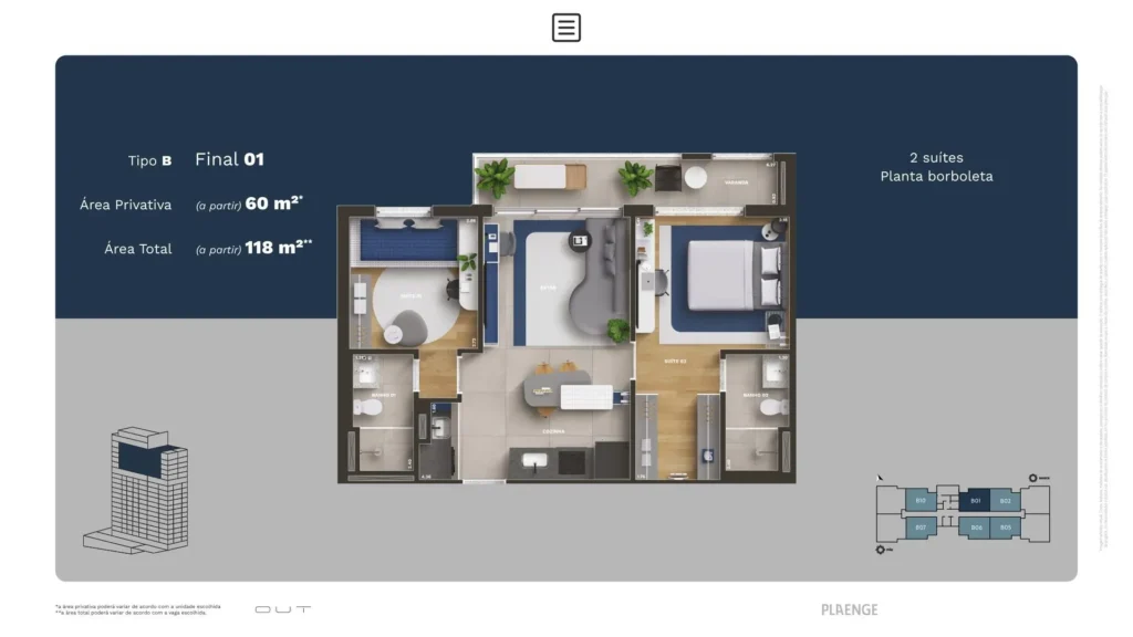OUT Smart Living, planta Tipo B, 2 suítes (planta borboleta)
