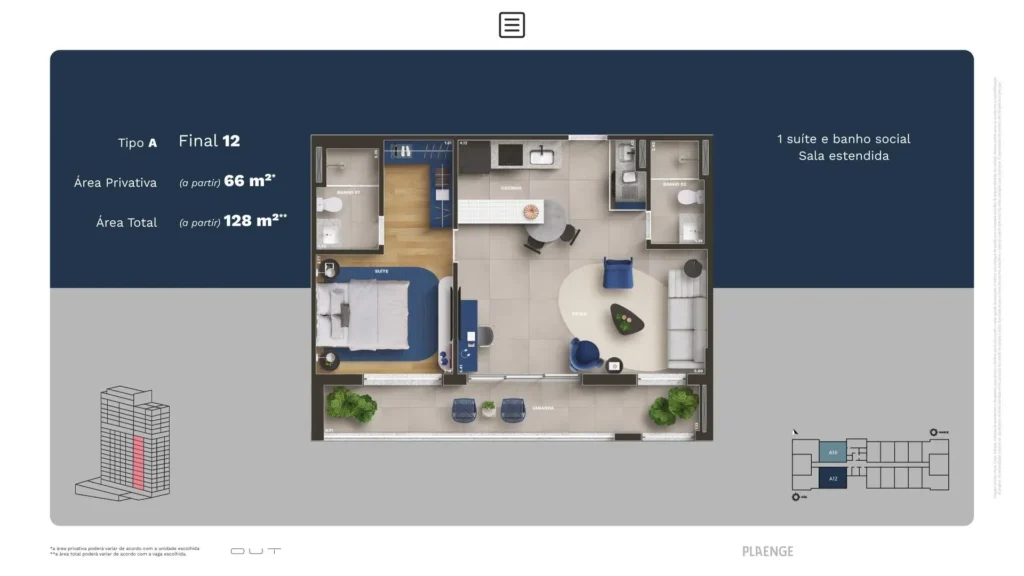 OUT Smart Living, planta Tipo A, 1 suíte com sala estendida