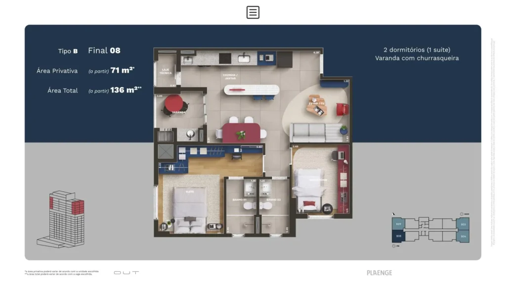 OUT Smart Living, planta Tipo B, 2 dormitórios com varanda e churrasqueira