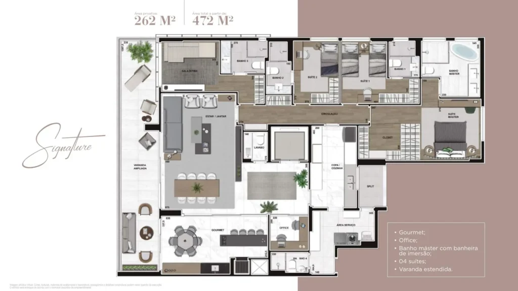 Signature, planta Gourmet e office, 4 suítes e varanda estendida