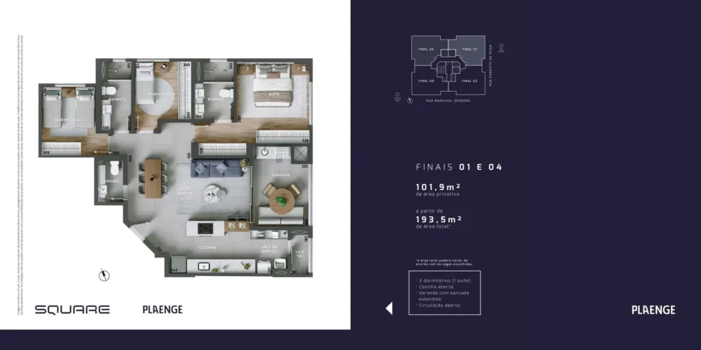Square, planta Finais 01 e 04, cozinha aberta (versão 1)